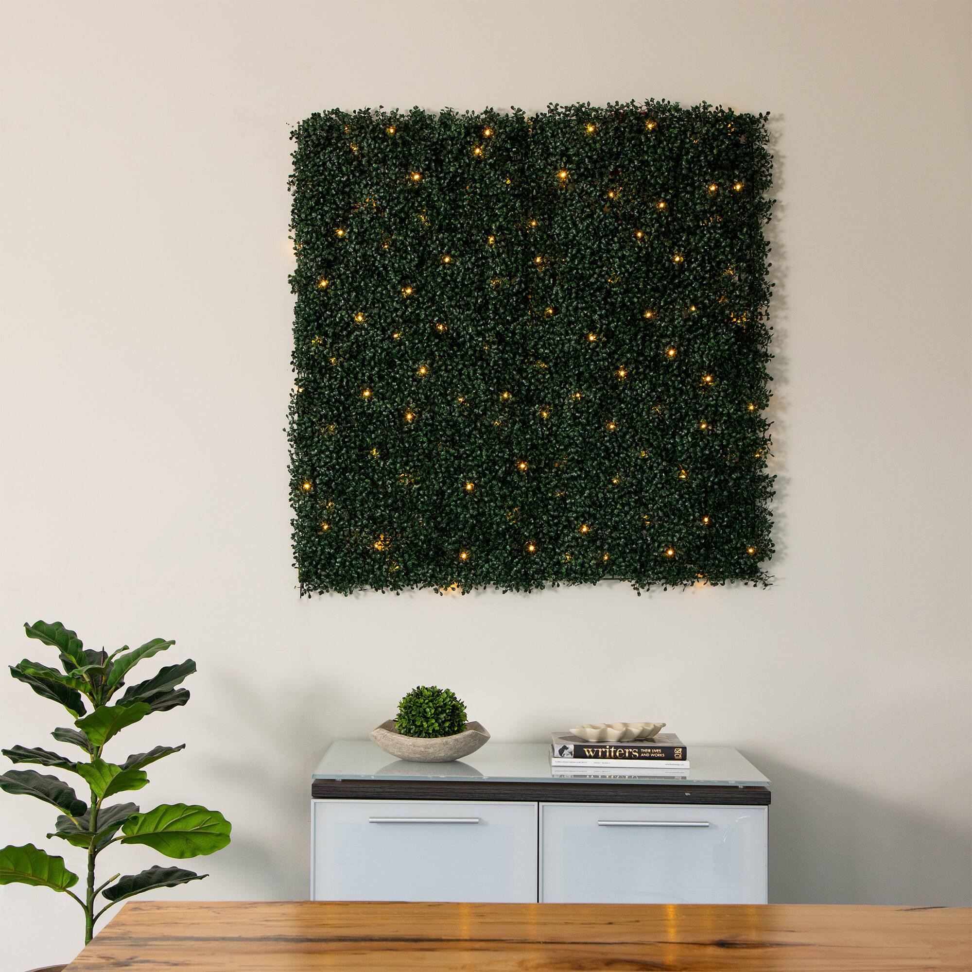 40" Pre-Lit Warm White LED Boxwood Artificial Living Wall Panel